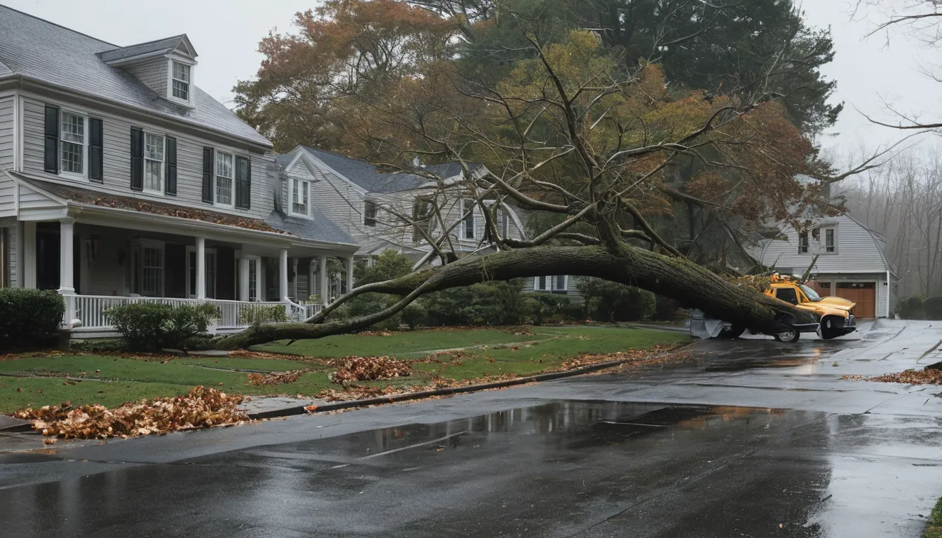 Large tree limb fallen across a driveway after a storm near a house in Hartford