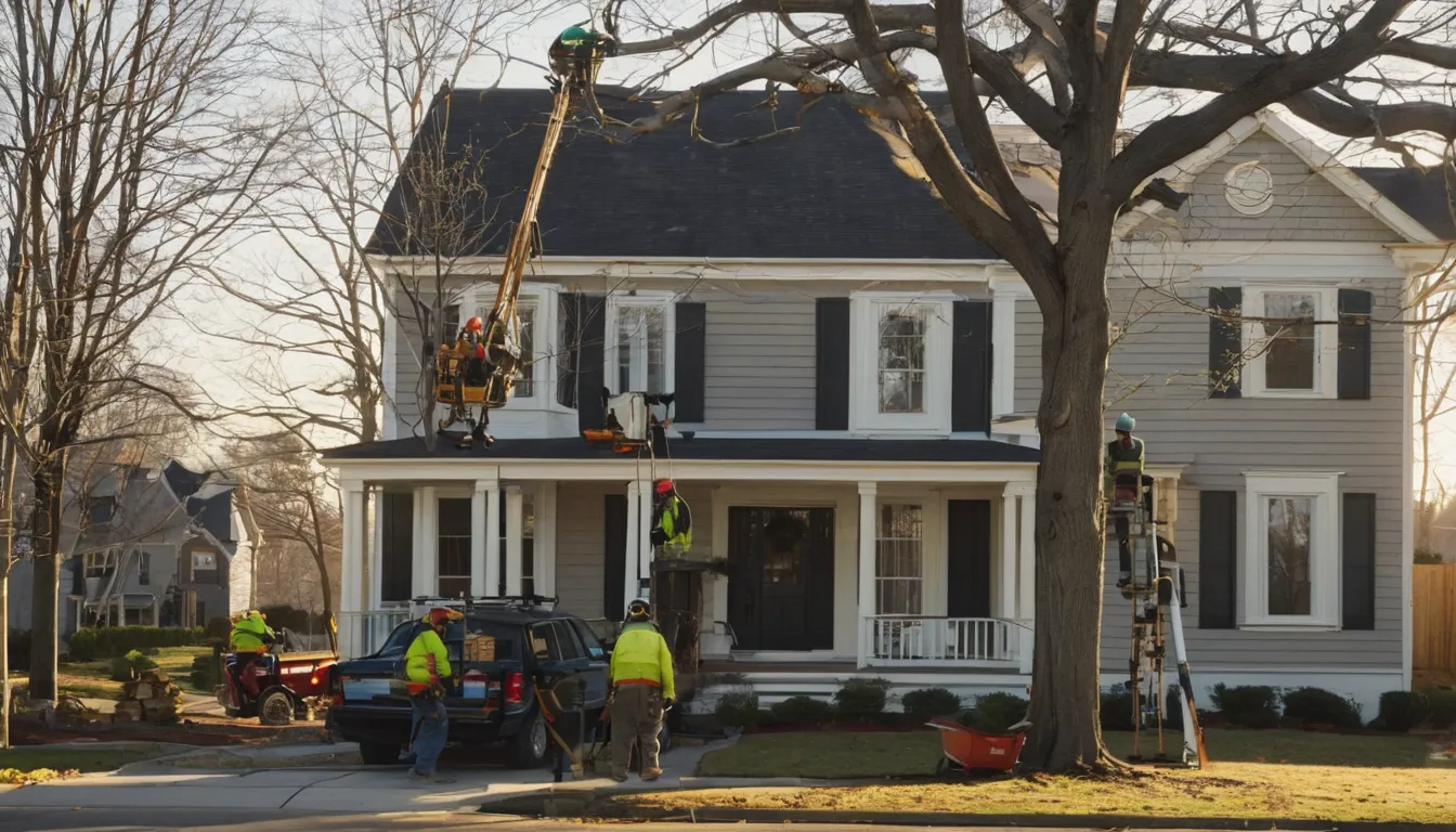 Tree work near a snowy older home in the Hartford area